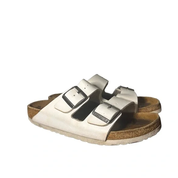 Birkenstock Arizona White Birko-Flor Faux Leather Two Strap Slide Sandals Sz 38 - Picture 2 of 11